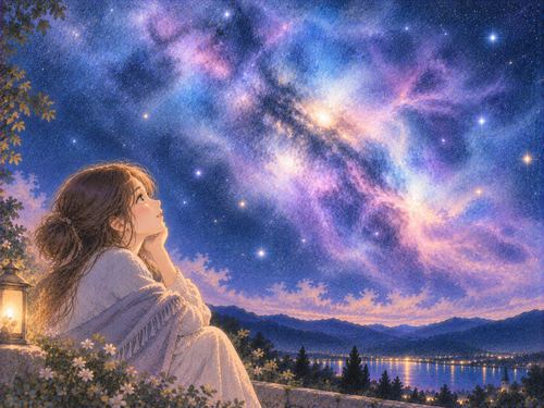 夜空に淡く広がる幻想的な星雲