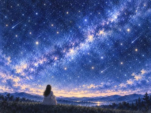 空いっぱいに広がる満天の星を見上げる人物