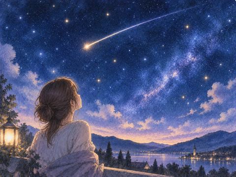 夜空を横切る一つの流れ星を見上げる人物