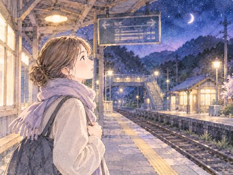 見知らぬ夜の駅に一人で立つ女性