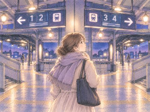 複数のホーム案内の前で迷う女性