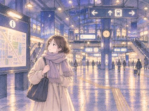 広い駅構内で現在地を探す女性
