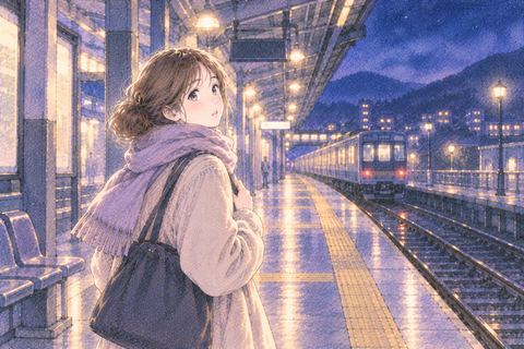 知らない駅に降りて振り返る女性