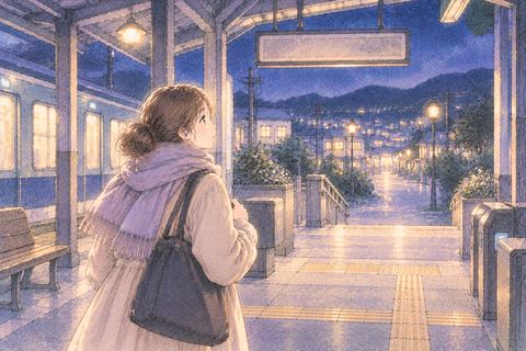 知らない駅に降りて周囲を見る女性