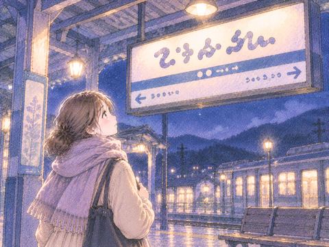 見知らぬ駅名標を見上げる女性