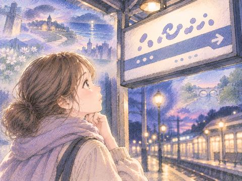 駅名標を見つめて物思いにふける女性