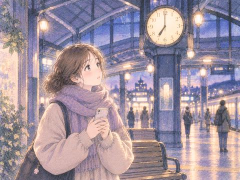 駅の時計の下で誰かを待つ女性
