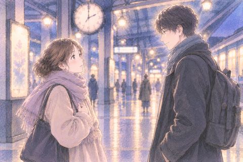 夜の駅で異性と向かい合う女性