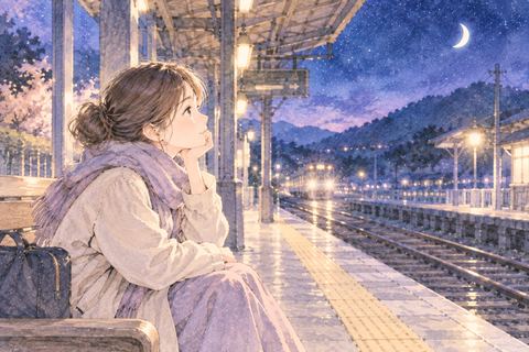 夜の駅のホームで電車を待つ女性