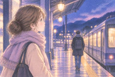 駅のホームで去る人を見送る女性