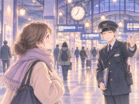 駅構内で駅員を見つける女性
