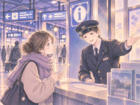 駅員に道を尋ねる女性