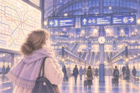 大きなターミナル駅で路線を選ぶ女性