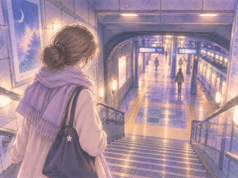 地下鉄駅の階段を下りる女性