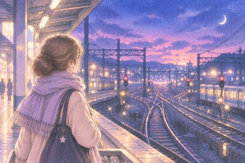 夜の駅から遠くへ続く線路を眺める女性