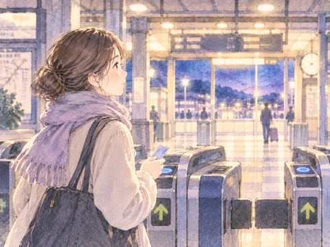 夜の駅の改札前で立ち止まる女性