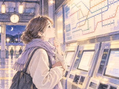 切符売り場で行き先を考える女性