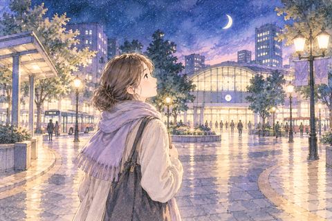 夜の駅前広場で複数の道を見る女性