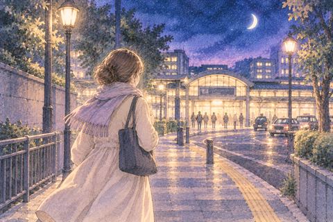 夜道の先にある駅へ向かう女性