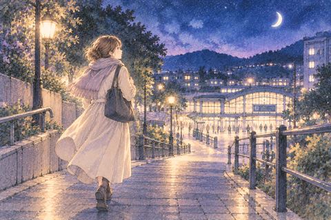静かな夜道を駅まで歩く女性