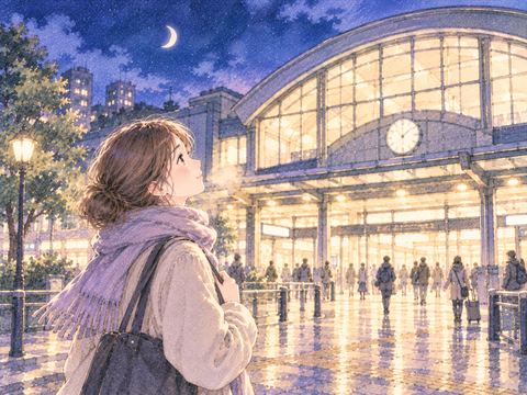 夜の駅に着いてほっとする女性