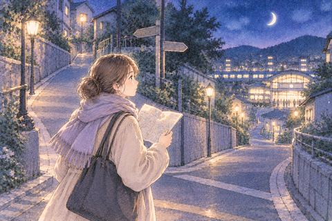 遠い駅を探しながら夜道で迷う女性
