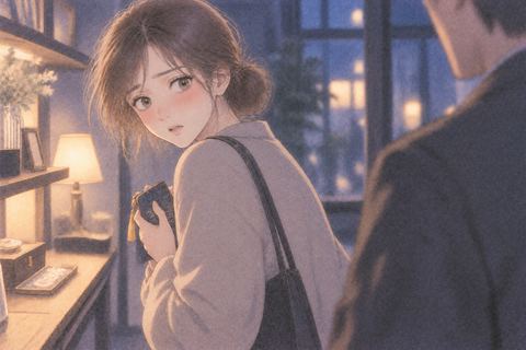 盗んだ品を持ち振り返る女性