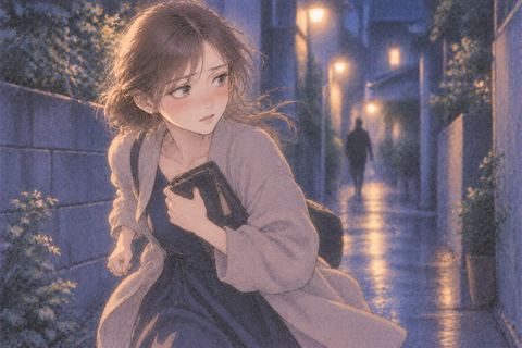 盗んだ品を抱えて夜道を走る女性