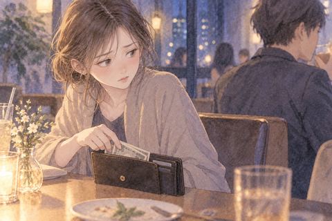 知人の財布から紙幣を取る女性