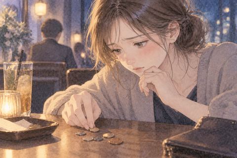 テーブルの小銭をそっと取る女性