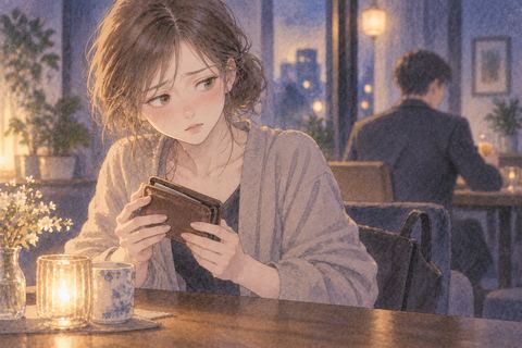置かれた財布を手に取る女性