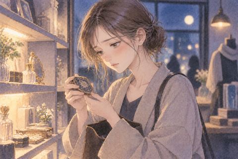 棚から小物を取って見つめる女性