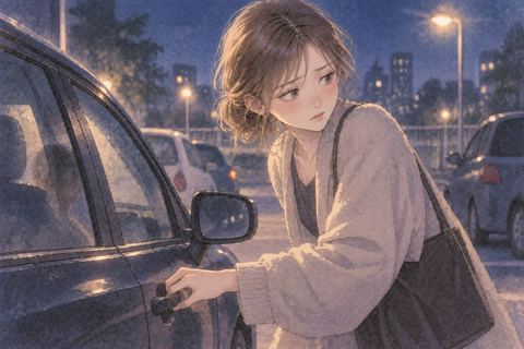 夜の車へ乗り込もうとする女性