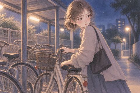 夜道で自転車を押し出す女性