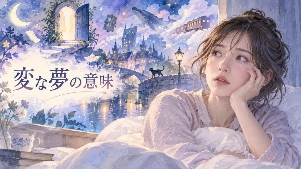 目覚めて夢を思い返す女性と不思議な夢の風景