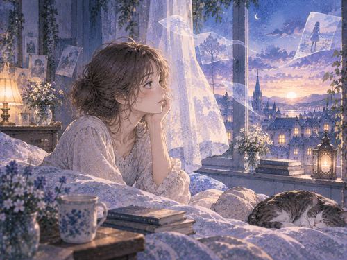 窓辺で夢の余韻を思い返す女性