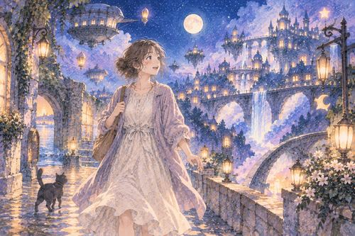 幻想的な町を楽しそうに歩く女性