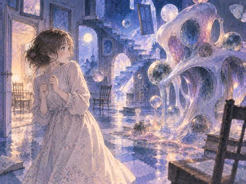 奇妙な物体から少し距離を取る人物