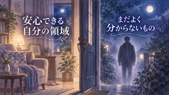 安心できる家の内側と、外から近づく知らない人を境界で分けた夢の図