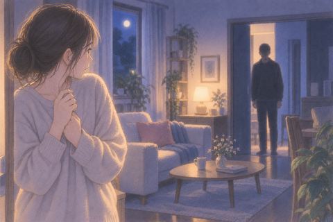 夜の部屋で知らない人を見て動けず不安そうに立つ人物の夢