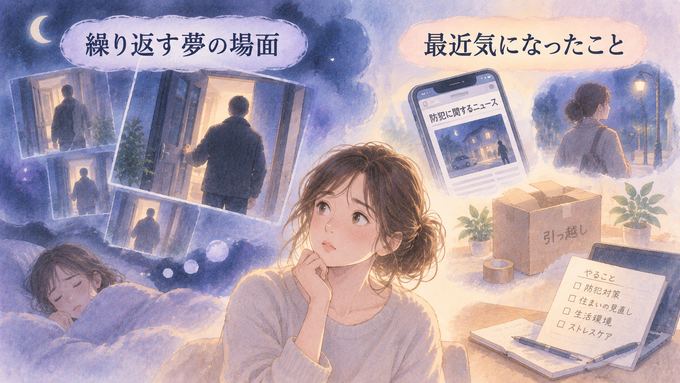 繰り返す侵入の夢と、日中に気になった出来事を並べて振り返る図