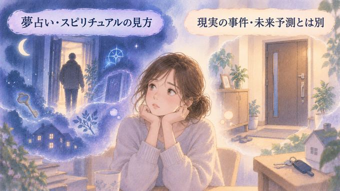侵入の夢の象徴と現実の出来事を別々に見つめる女性の図