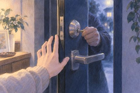 夜の玄関で知らない人の手が鍵を開けようとしている夢