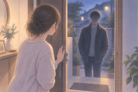 夜の玄関先で家の中の人物と知らない訪問者が向き合う夢