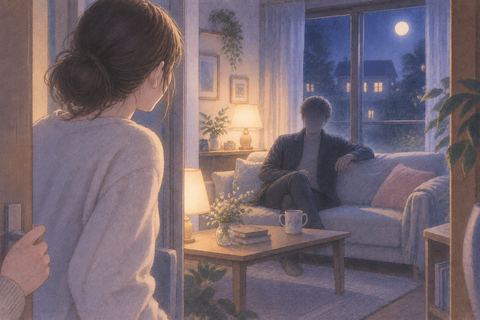 夜のリビングで知らない人がすでに座っており戸惑う人物の夢