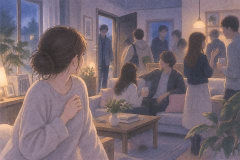 夜の家に何人もの知らない人が入り、少し圧倒される人物の夢