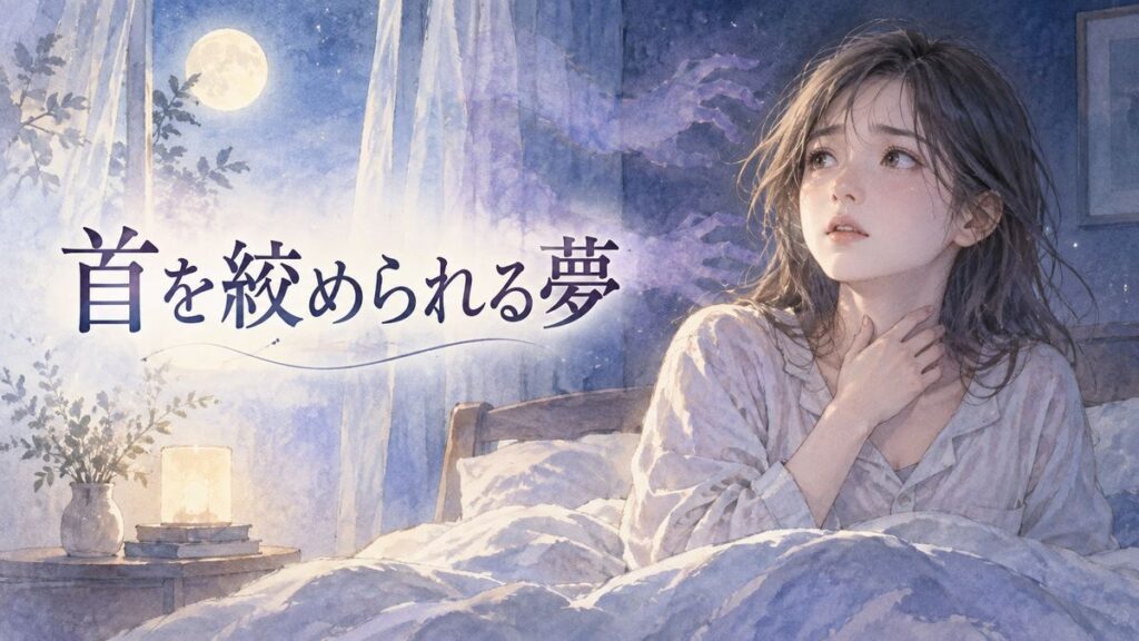 夜の寝室で首元に手を添え夢の余韻を感じる女性と背後の淡い手の影