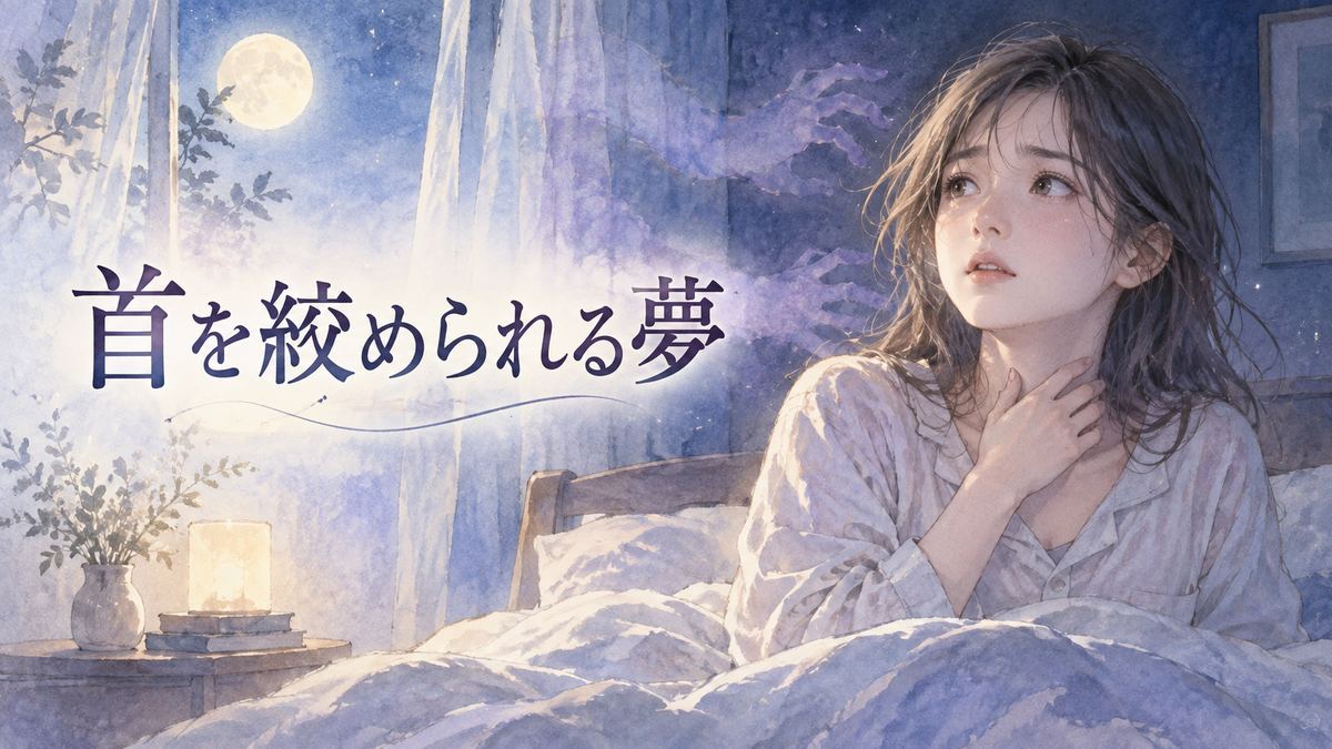 夜の寝室で首元に手を添え夢の余韻を感じる女性と背後の淡い手の影