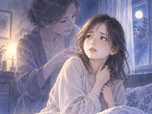 夜の室内で親の影に圧迫されるように立つ大人の女性