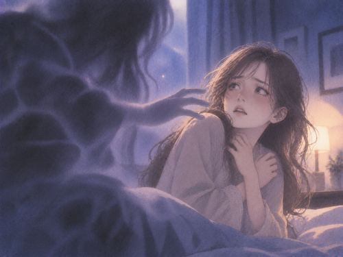 夜の夢の中で首元に迫る影を前に怯える女性